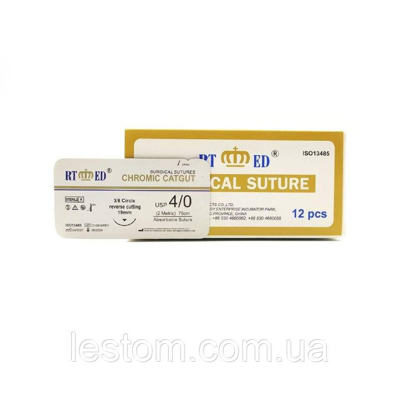 Кетгут хромований RT-med USP 4/0 (EP 2) зі звор. ріж. голкою 19мм 3/8 кола