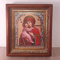 Икона Владимирская Пресвятая Богородица, лик 15х18 см, в коричневом прямом деревянном киоте