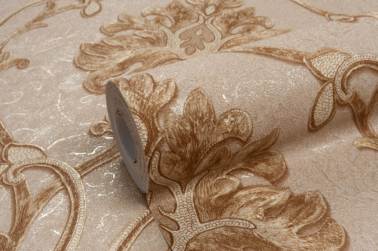 Елітні шпалери орнамент вінілові гарячого тиснення Vinil LS Домінік VIP4-0899 бежево-пудрові (1,06х10,05м), фото 1