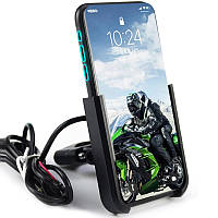 Алюмінієвий тримач для смартфону на руль мотоцикла / велосипеда з USB зарядкою Addap BPH-04m black, для діагоналі 4"-6,5"