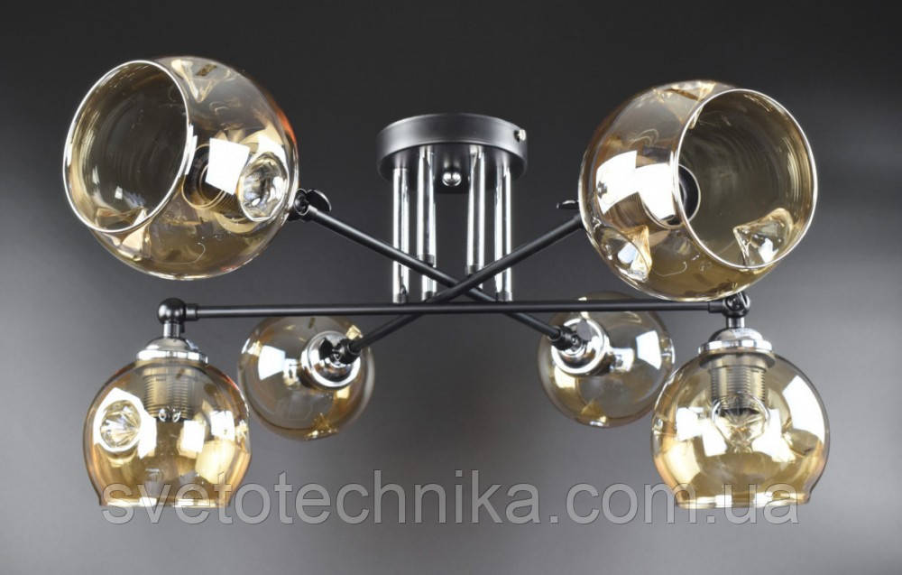 Люстра потолочная лофт стеклянные шары на 6 ламп Е27 черная плафон янтарь - фото 1 - id-p872460666