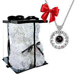 Мишко з штучних троянд 25 см + Подарункова коробка Білий + Подарунок Кулон проектор "Я тебе люблю"