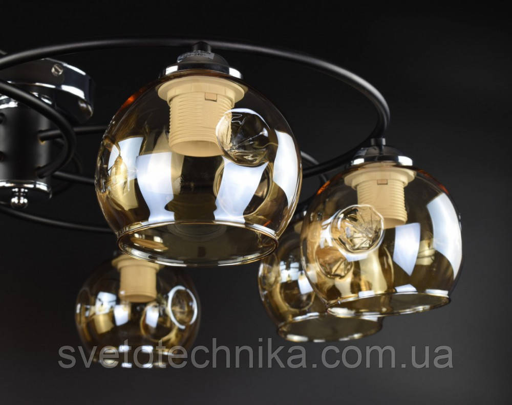 Люстра потолочная лофт кольца на 6 ламп Е27 черная плафон стекло графит - фото 2 - id-p2010491740