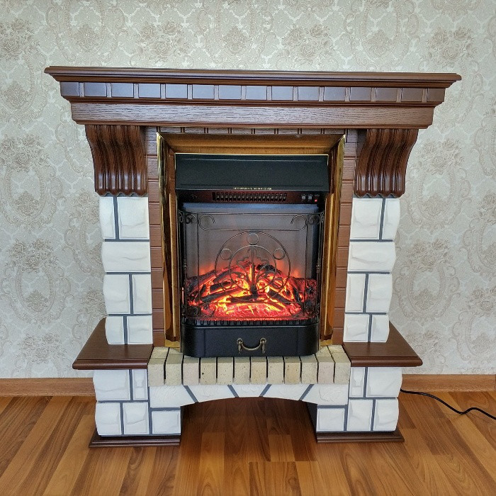 Каминокомплект Fireplace Лондон Білий + Горіх (міні) ефект мерехтливих дров зі звуком і обігрівом