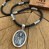 Срібна іменна підвіска Свята Євгеній і Ангел Хранитель на шкіряному шнурку зі вставками, фото 2