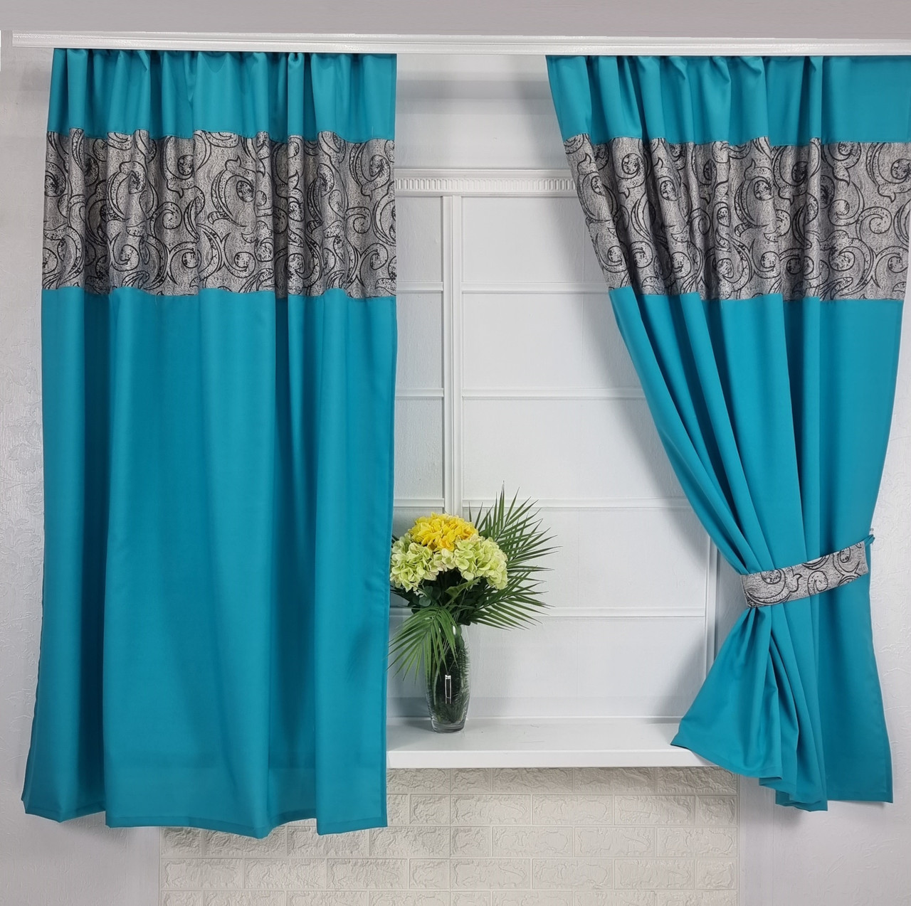 Кухонний комплект штор + підхоплення "Белла", Бірюза