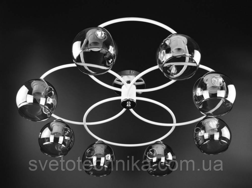 Люстра потолочная лофт кольца на 8 ламп Е27 белая плафон стекло серый. - фото 1 - id-p1284232766