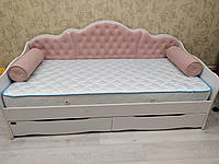 Кровать детская односпальная Л-6 подростковая для девочки с мягким изголовьем, подушками и выдвижными ящиками 120х200