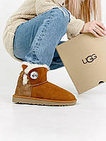 Классные угги женские UGG Bailey Button Mini Chestnut. Модные Угги на меху женские с пуговкой.