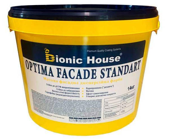 Optima Facade Standard - Зносостійка Акрилова фарба для мінеральних фасадів Bionic-House 14кг Біла будь-який, фото 1
