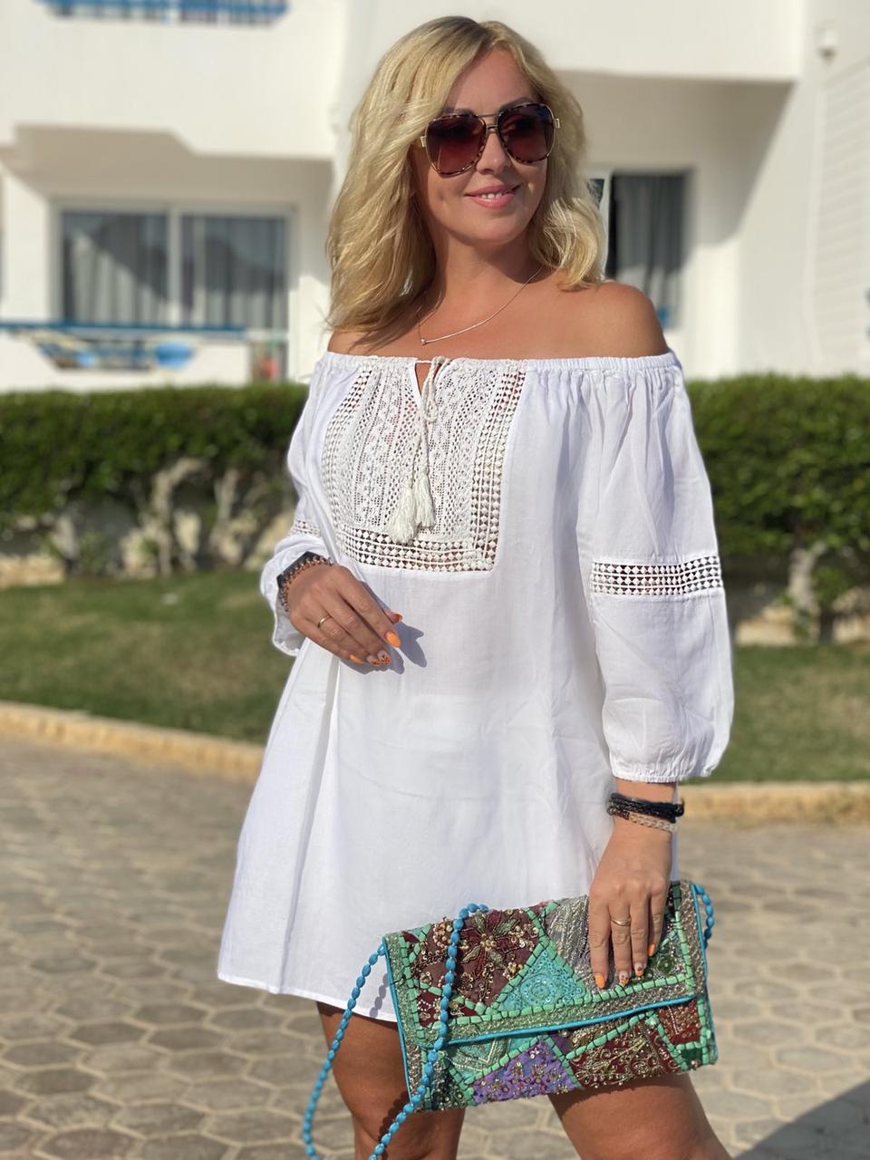 Літня туніка білого кольору великого розміру з натуральної тканини (з 58 по 68), фото 1