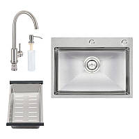 Набір 4 в 1 Qtap кухонна мийка D6045 2.7/1.0 мм Satin + змішувач + сушарка + дозатор для мийного засобу