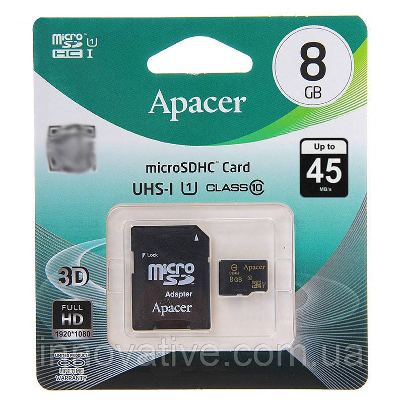 Картка пам'яті Apacer MicroSD 8 GB 10 class з адаптером SD (Чорний)