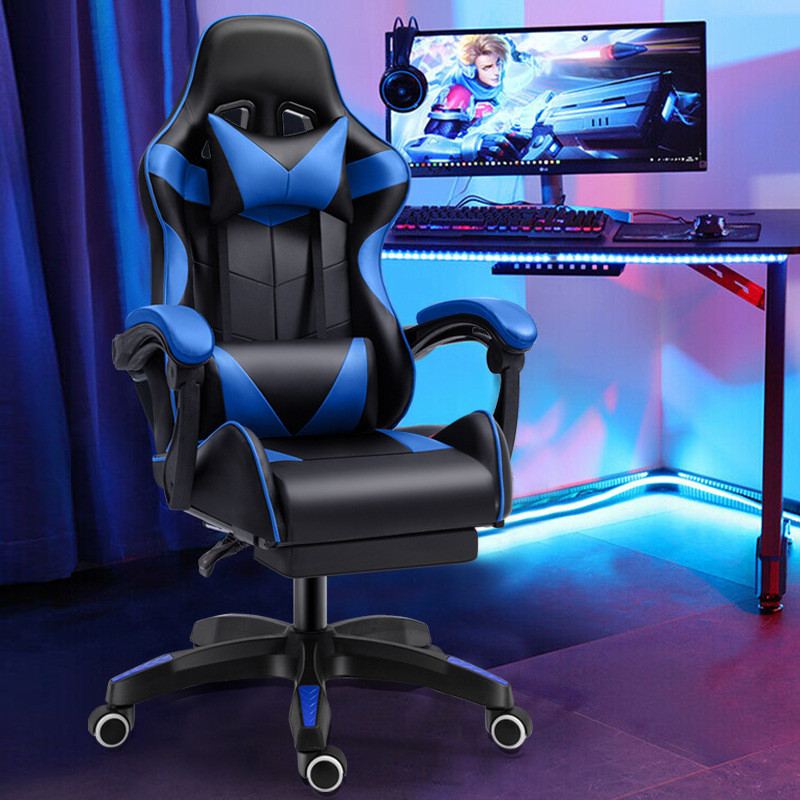 ПОСИЛЕНЕ 130 КГ!! Крісло геймерське ігрове c підставкою для ніг з подушками комп'ютерне офісне розкладне синє