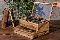 Скринька для годинників дерев'яна на 8 комірок із шухлядою та скляною кришкою