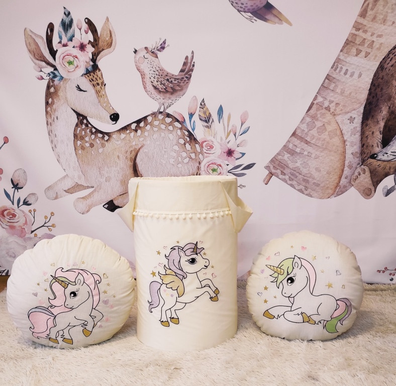 Кошик для іграшок Кольорові єдинороги на молочному, фото 1