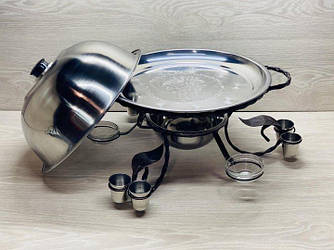 Садж для розігріву і подачі шашлику кований 28 см з чарками + соусницами