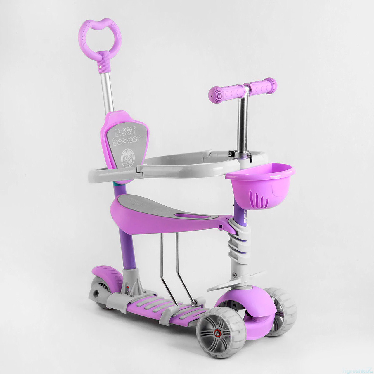 Самокат 5в1 Best Scooter з батьківською ручкою і захисним бортиком, світло коліс, ліловий B-4125