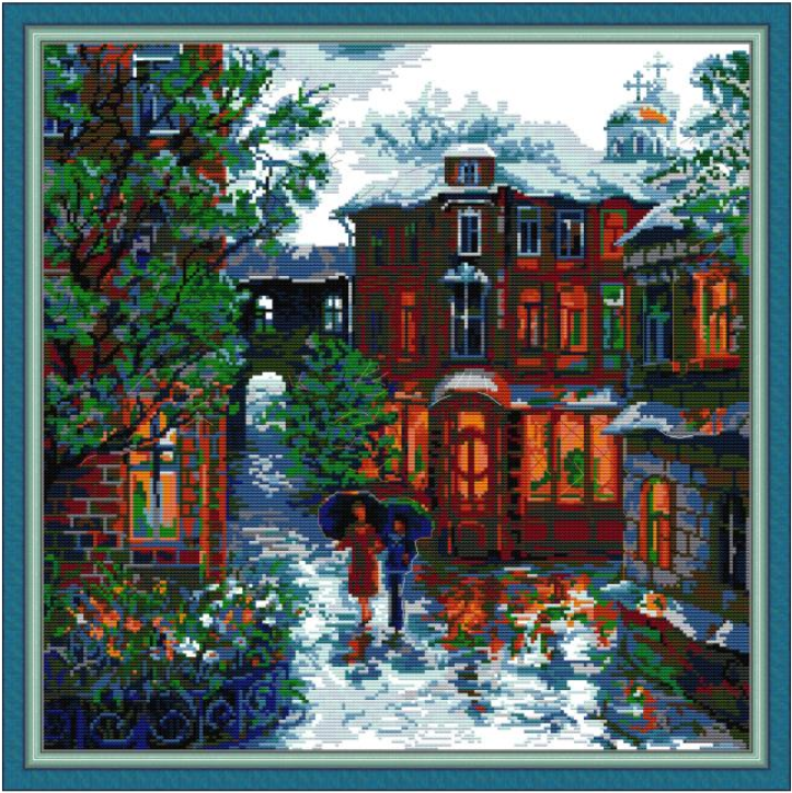 Набір для вишивання хрестиком по нанесеному на канву схемі "In the rain". AIDA 14CT printed, 47*47 см, фото 1