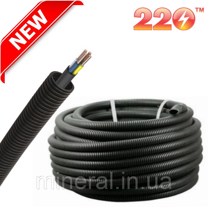 Труба гофрована D20 мм з протяжкою (100м), Гофтруба, Чорна, 220ТМ