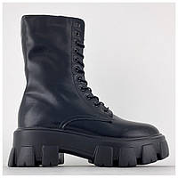 Женские ботинки Prada Pouch Combat Boots Black High, черные кожаные ботинки прада