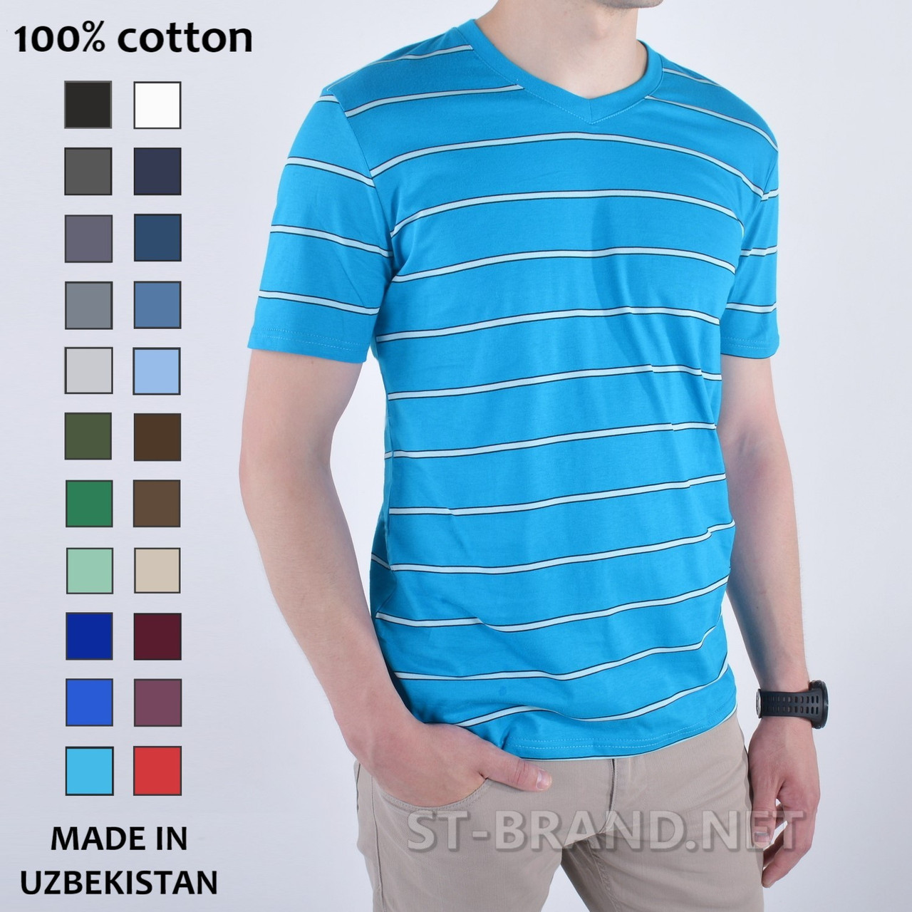 Размеры:48,50,52. Бирюзовая Мужская Футболка 100% Хлопок, V-образный ...