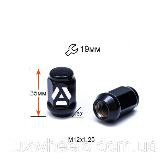 Гайка колісна A801444 BA М12х1, 25х35мм Конус(Matiz, Nissan, Niva, Subaru, Suzuki) закрита Чорний Хром Ключ19