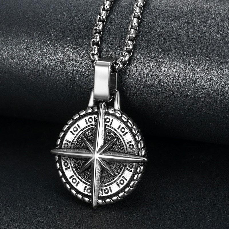 Чоловічий кулон підвіска з ланцюжком COMPASS на шию з медичної сталі з Північною зіркою під срібло, фото 1