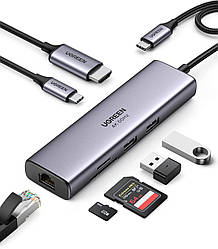 USB-хаб Ugreen USB type-c багато портів адаптер концентратор 7 в 1 алюмінієвий 100 B Grey (CM512)