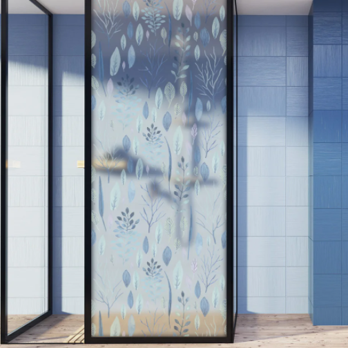 Плівка на вікна декоративна Блакитні Листя вінілові наклейки для вікон дзеркала з рослинним узором 1 пог.м