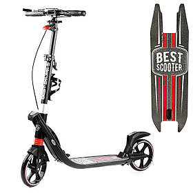 Самокат двоколісний (2 амортизатори, фари, колеса 200 мм, ручне гальмо) Best Scooter L-21044 Чорно-червоний
