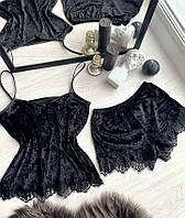 Комплект (пижама) женский велюровый черный, женский набор ( майка + шорты) мраморный велюр