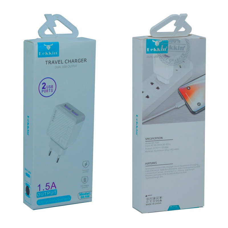 Зарядний пристрій DEKKIN DK-530 2/1 White 2 USB + шнур micro-usb у комплекті 1 m 2,1A