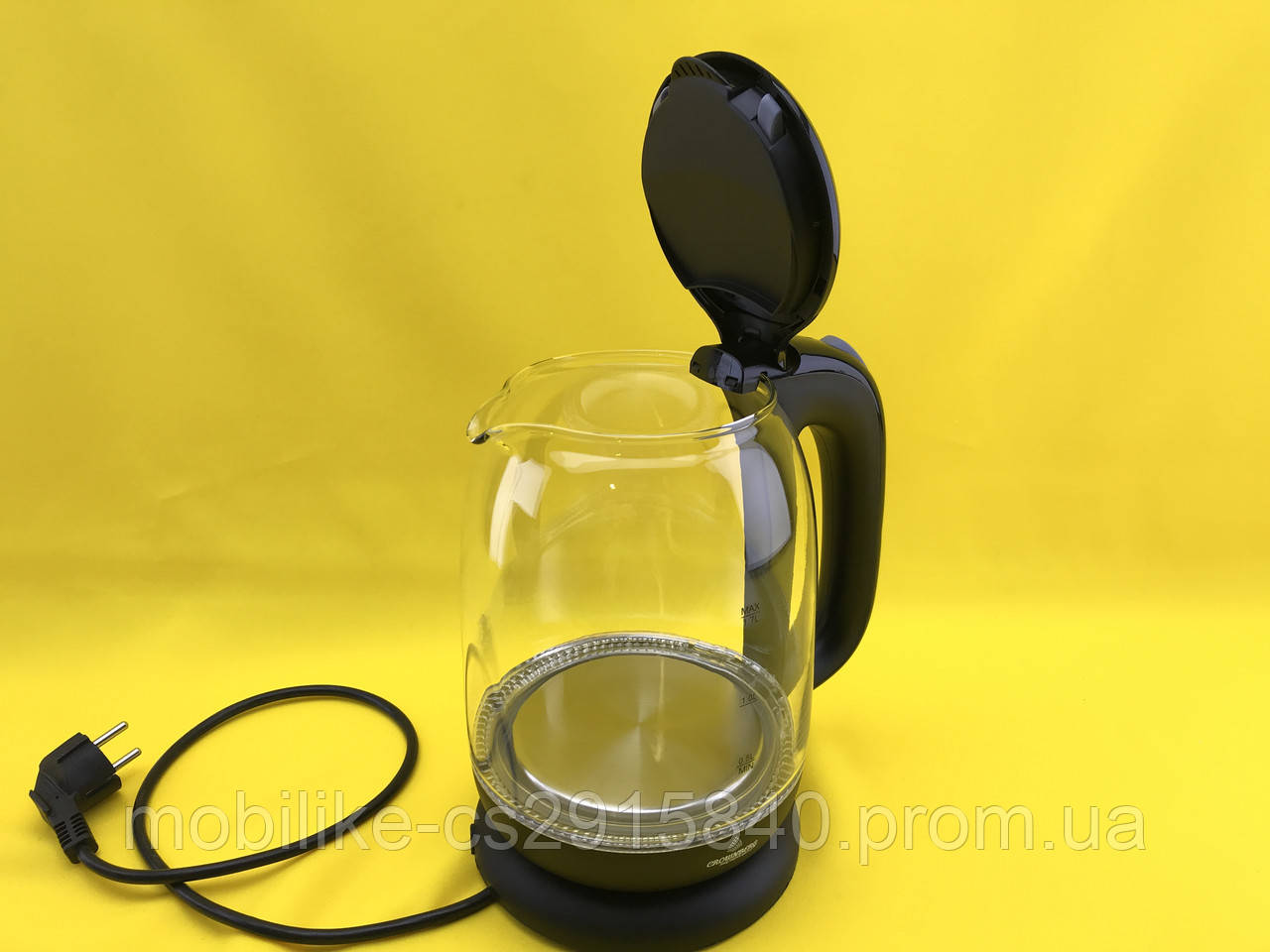 Прозорий скляний чайник із підсвічуванням 1,7 л Crownberg CB-9121 Black
