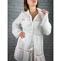 Платье-туника пляжное короткое белое с гипюровыми вставками - 146-93