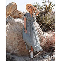 Пляжное длинное серое платье на пуговицах с большим декольте - 405-51-6