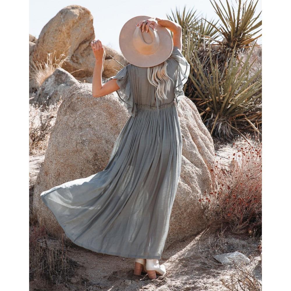 Пляжное длинное серое платье на пуговицах с большим декольте - 405-51-6 - фото 4 - id-p1578234952