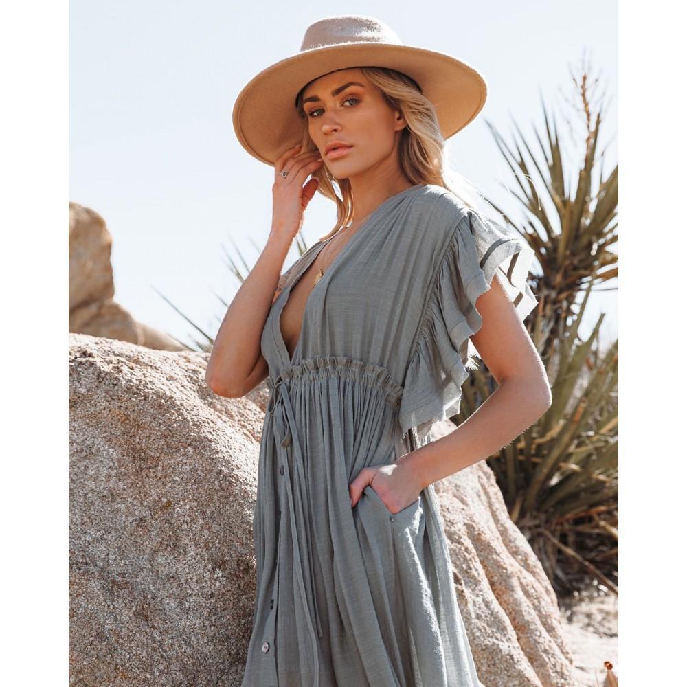 Пляжное длинное серое платье на пуговицах с большим декольте - 405-51-6 - фото 7 - id-p1578234952