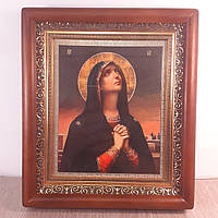Икона Скорбящая Пресвятая Богородица, лик 15х18 см, в коричневом прямом деревянном киоте