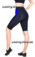 Велосипедки жіночі для фітнесу з високою посадкою Спортивні шорти до колін із кишенями чорні із синім