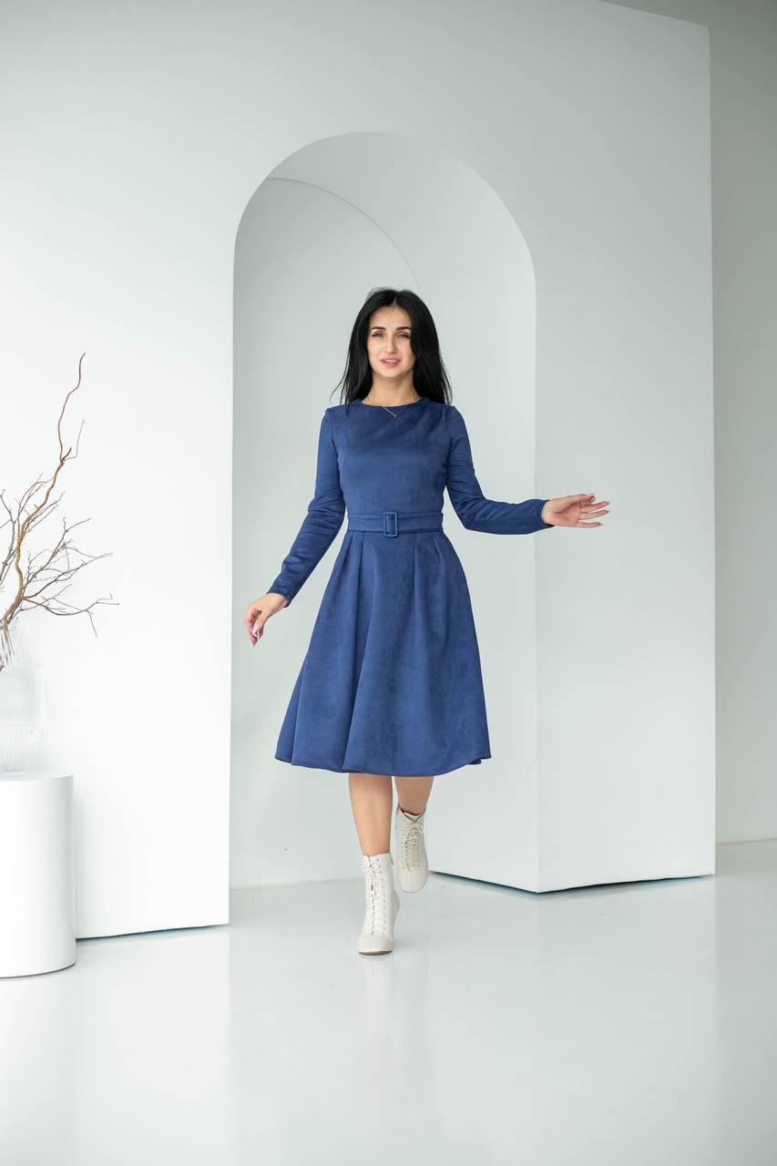 Сукня однотонна міді замш довгий рукав чскрава приталена 46 синя, фото 1