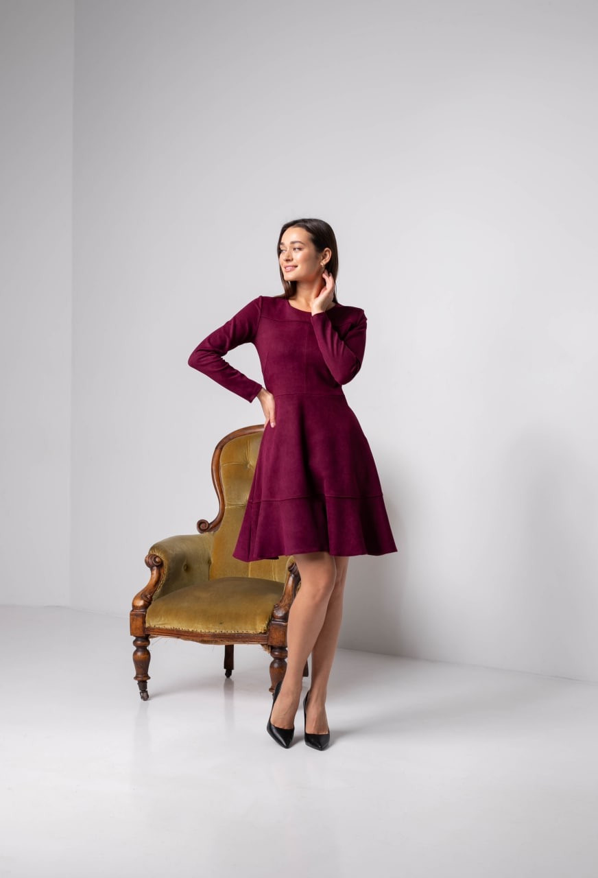 Плаття коротке приталене замш стрейч довгий рукав бордо, фото 1