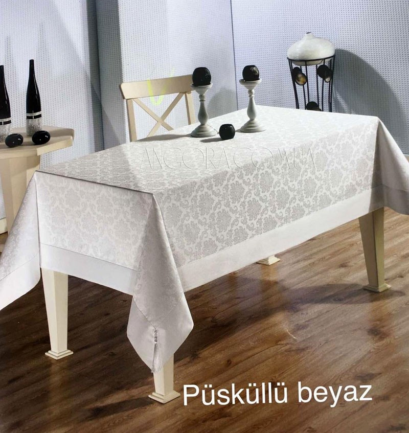 Жакардова скатертина на стіл прямокутна бавовняна 160x220 Altinbasak Туреччина білого кольору
