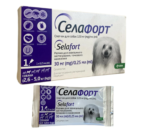 Селафорт спот-он, 30 мг/0,25 мл, для собак вагою 2,6 - 5 кг Лікування і профілактика зараження блохами