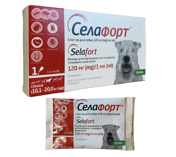 Селафорт спот-он, 120 мг/1 мл, для собак вагою 10,1 - 20 кг Лікування і профілактика зараження блохами