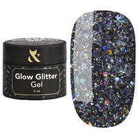 Глиттерный гель для ногтей F.O.X Glow Glitter Gel 003 шестиугольники с бирюзовыми блестками 5 мл