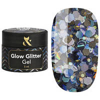 Глиттерный гель для ногтей F.O.X Glow Glitter Gel 008 серебристые голографические блёстки 5 мл