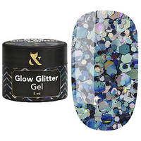 Глиттерный гель для ногтей F.O.X Glow Glitter Gel 009 голубые голографические блёстки 5 мл