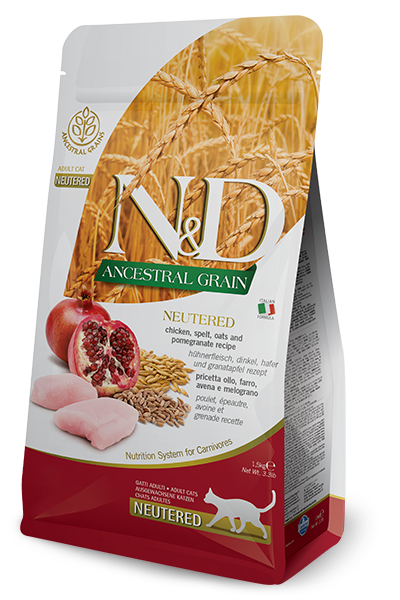 N&D LOW GRAIN CAT NEUTERED CHICKEN ADULT 5 KG
Низькозерновий сухий корм для  дорослих стерилізованих кішок (курка / гранат), 5 кг