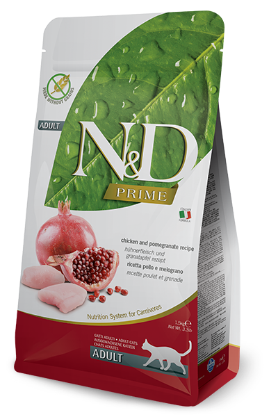 N&D GRAIN FREE PRIME CAT CHICKEN & POMEGRANATE  ADULT 1,5 KG
Беззерновий сухий корм для  дорослих кішок (курка / гранат), 1,5 кг